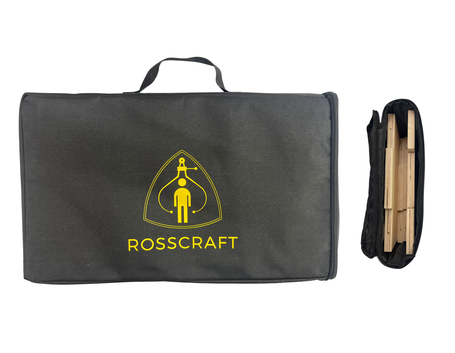 Gray bag with yellow Rosscraft logo on a white background